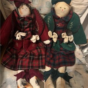 Vintage shelf sitter dolls Plaid Fabric Cat Dolls with Pockets - Red and Green